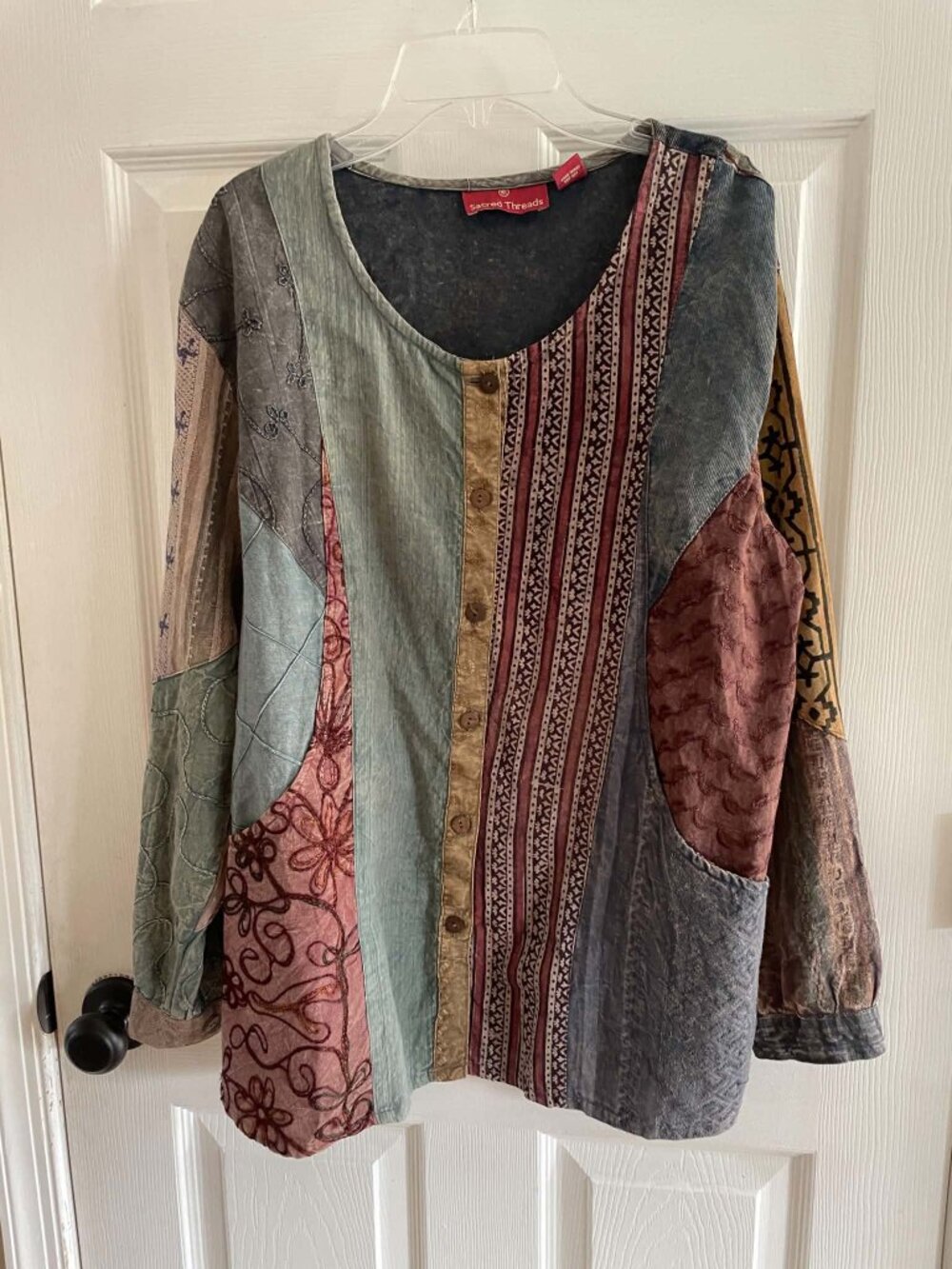 Sacred Threads Colorful Patchwork Boho Blouse Top Shirt Small S Excellent